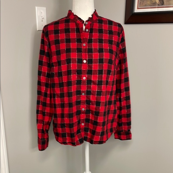 J. Crew Black Red Plaid Holiday Tartan Long Sleeve Ruffle Button Down Size Large - Picture 1 of 7